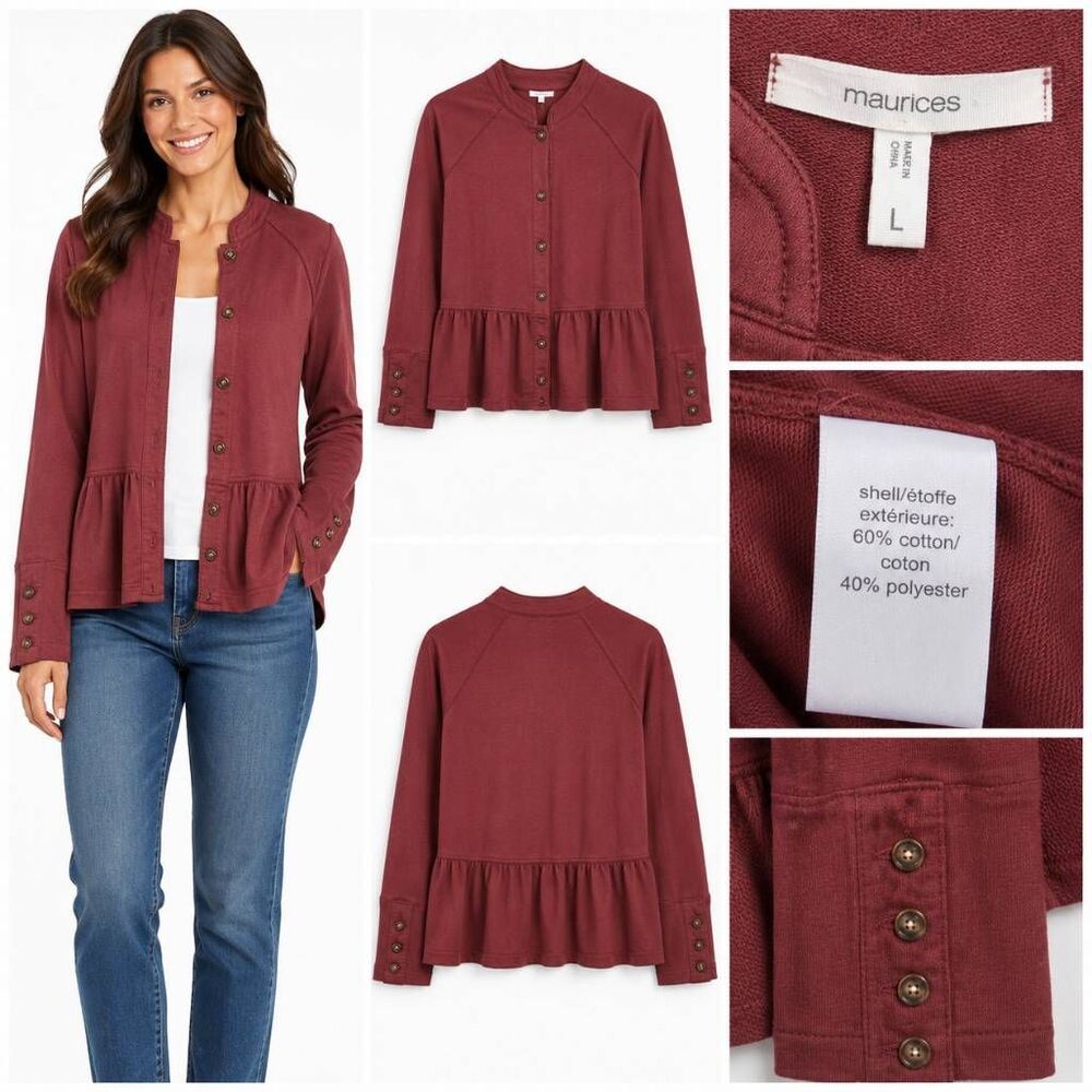 Maurices Burgundy Button Front Peplum Cardigan Women’s Large